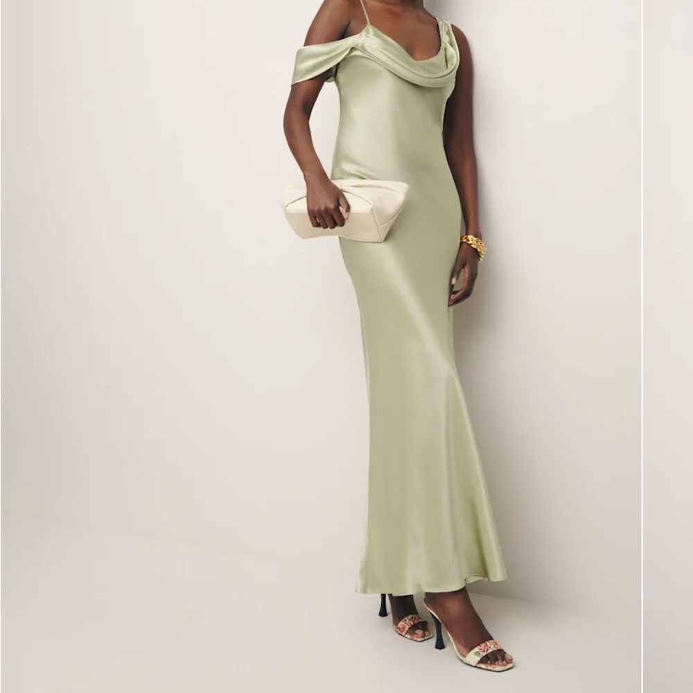 Satin Off-Shoulder Slip Dress in Sage Green
